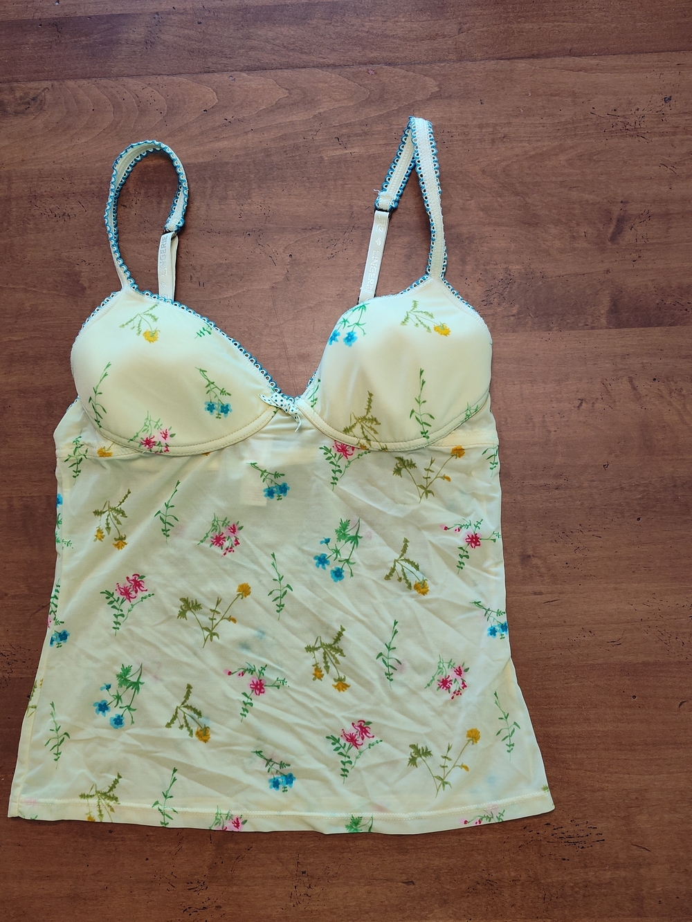 Vintage Floral Lace-Trim Yellow Camisole Tank Top